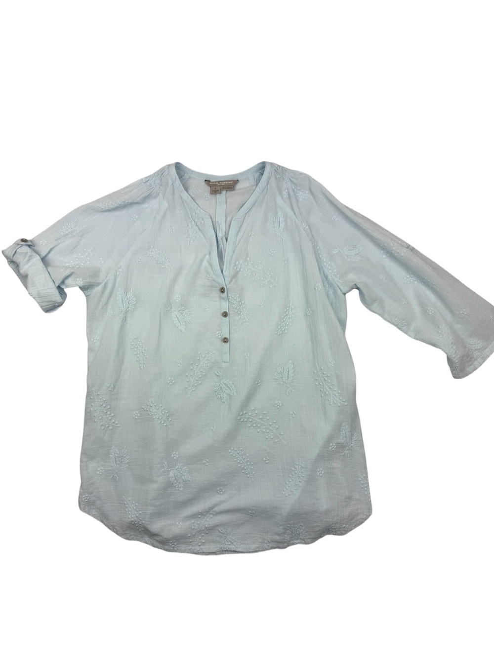 Royal Robbins Blue Split V-Neck Roll-Tab Tunic w Delicate Floral Embroidery L